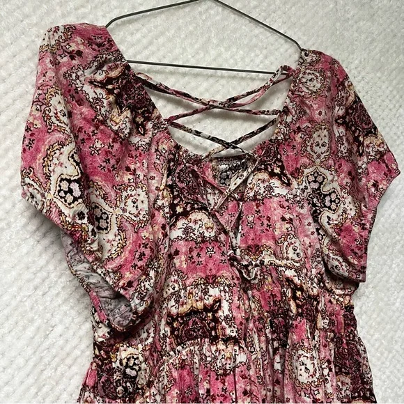 TORRID Crinkle Gauze Cris Cross Back Top Pink & Brown Peplum Cinched Waist Shirt - Picture 11 of 13